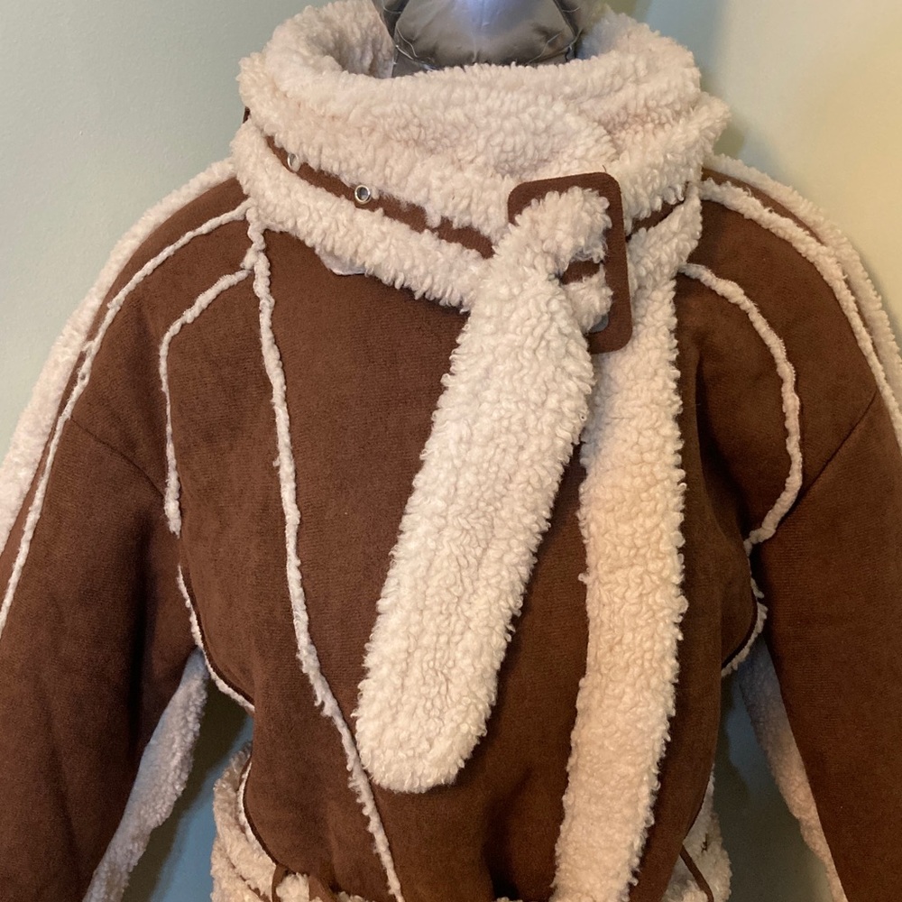 Brown Faux Shearling Biker Jacket with Cream Trim - Picture 3 of 14